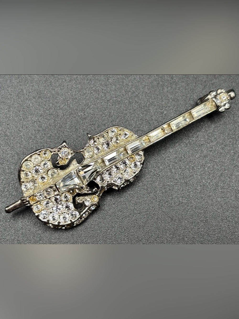 Vintage RARE Napier Silver Tone Clear Crystal Violin Brooch